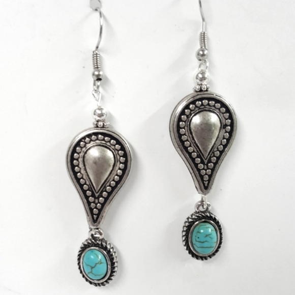 Silvertone Teardrop & Turquoise Earrings - Picture 2 of 3